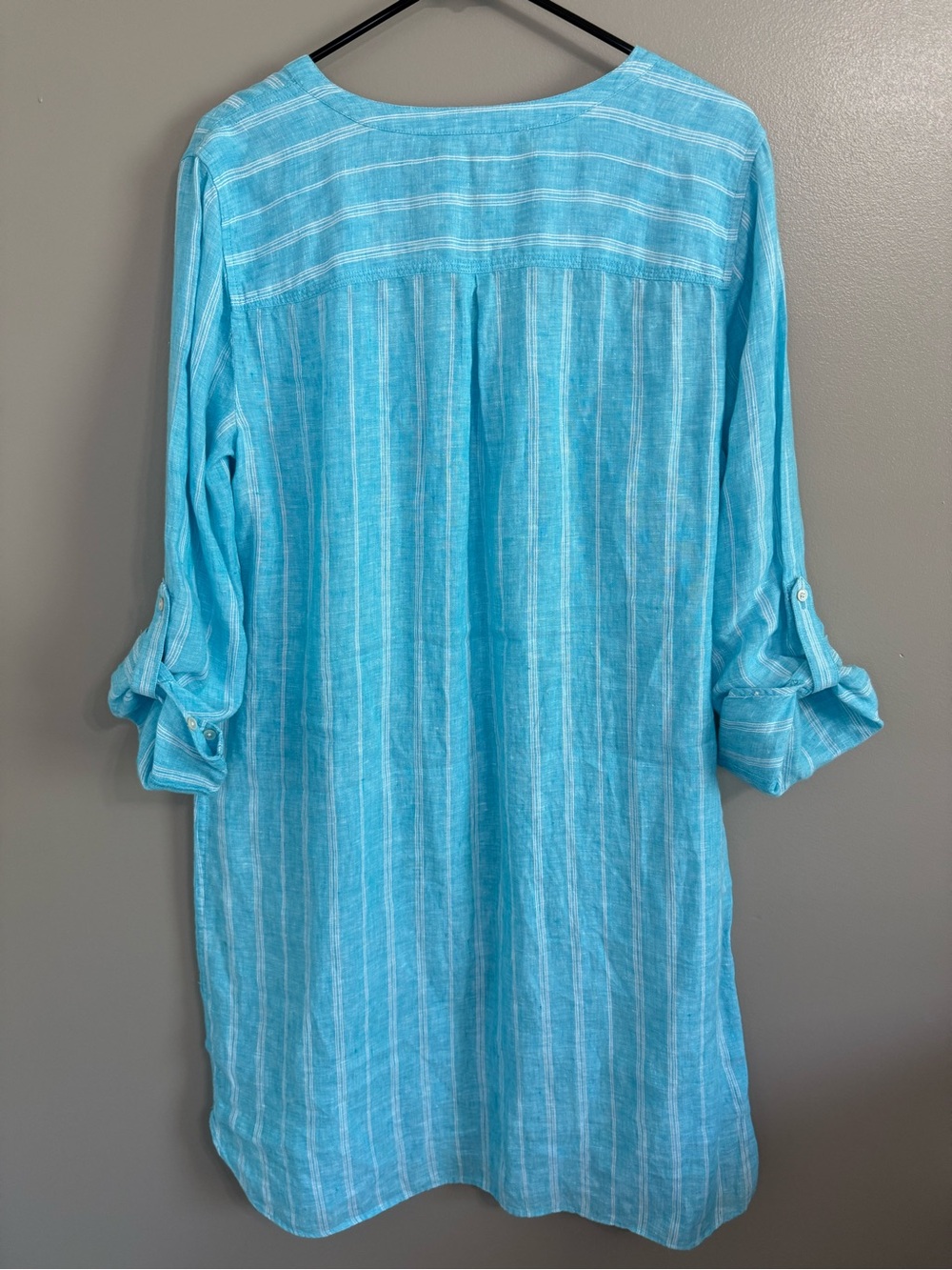 Talbots Linen Shirt Dress Aqua/Blue Striped Roll Tab Sleeves Coastal Resort L - Picture 2 of 8